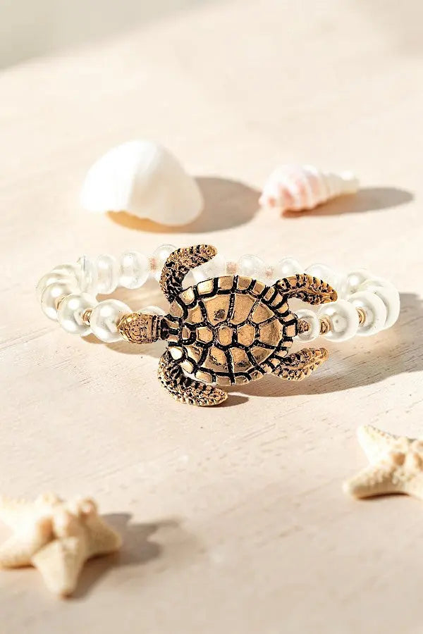 DETAILED TURTLE CHARM FAUX PEARL LINK STRETCH BRACELET - SweetShine c.o.c. 