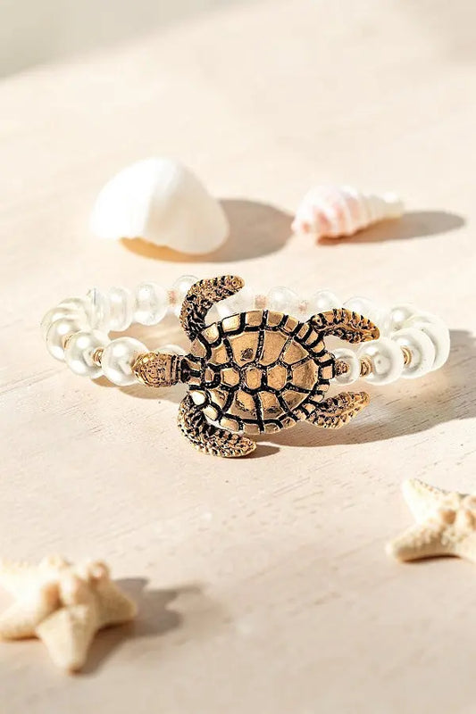 DETAILED TURTLE CHARM FAUX PEARL LINK STRETCH BRACELET - SweetShine c.o.c. 