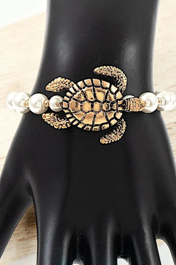 DETAILED TURTLE CHARM FAUX PEARL LINK STRETCH BRACELET - SweetShine c.o.c. 