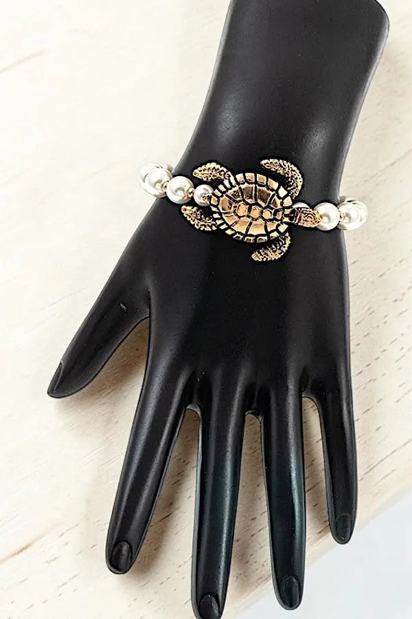 DETAILED TURTLE CHARM FAUX PEARL LINK STRETCH BRACELET - SweetShine c.o.c. 