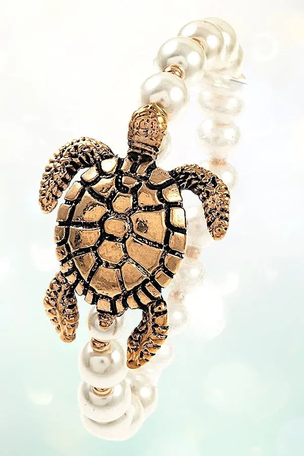 DETAILED TURTLE CHARM FAUX PEARL LINK STRETCH BRACELET - SweetShine c.o.c. 