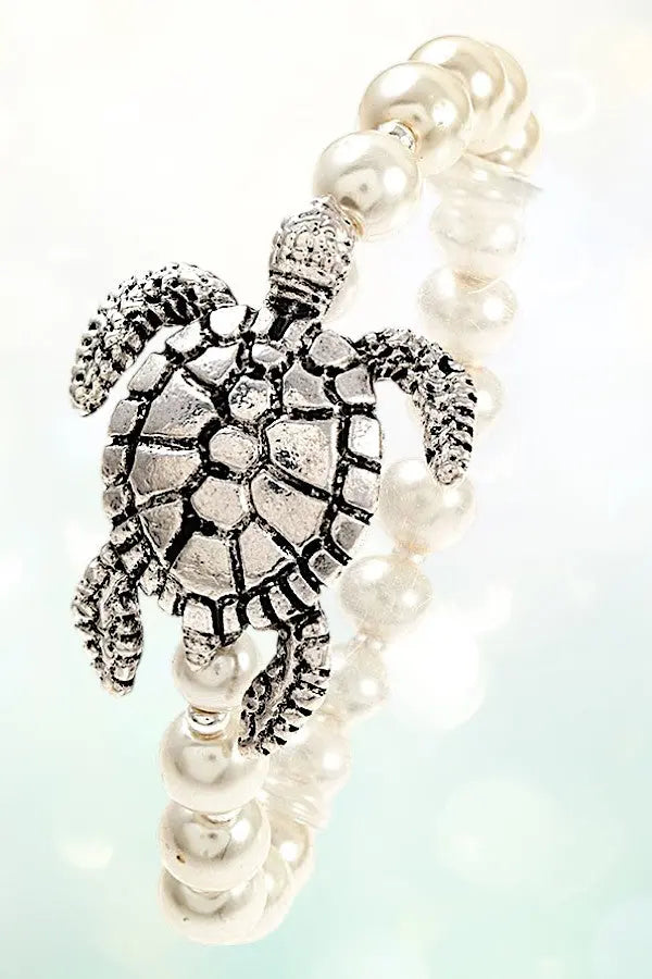 DETAILED TURTLE CHARM FAUX PEARL LINK STRETCH BRACELET - SweetShine c.o.c. 