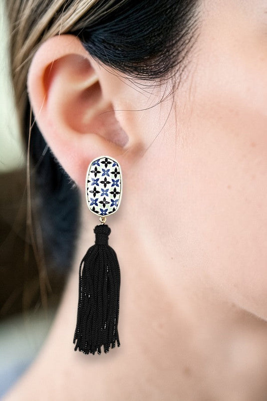 OVAL PRINT TASSEL LINK DROP EARRING