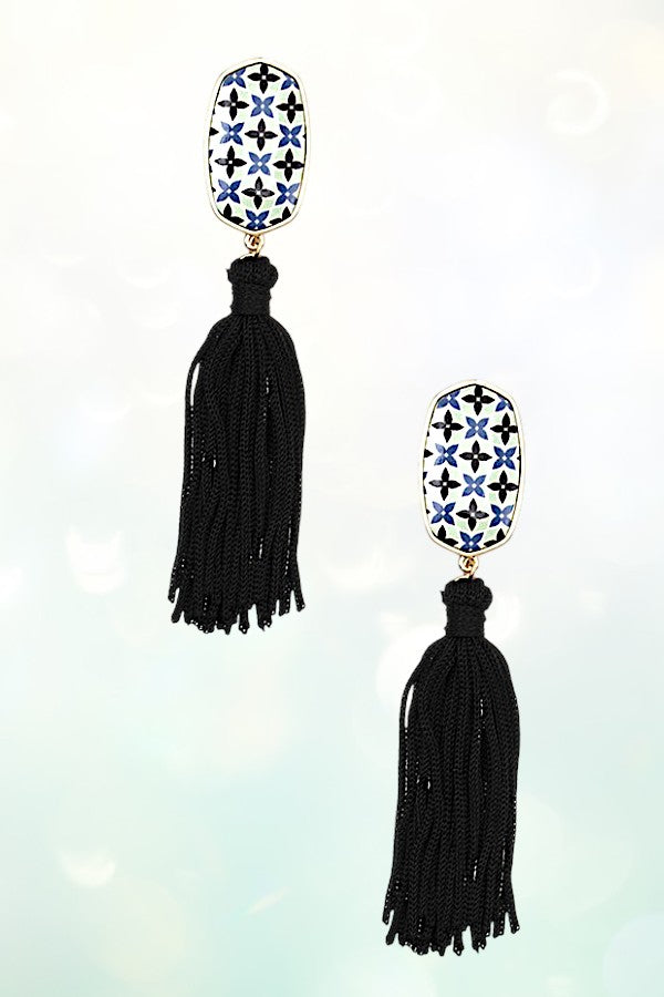 OVAL PRINT TASSEL LINK DROP EARRING
