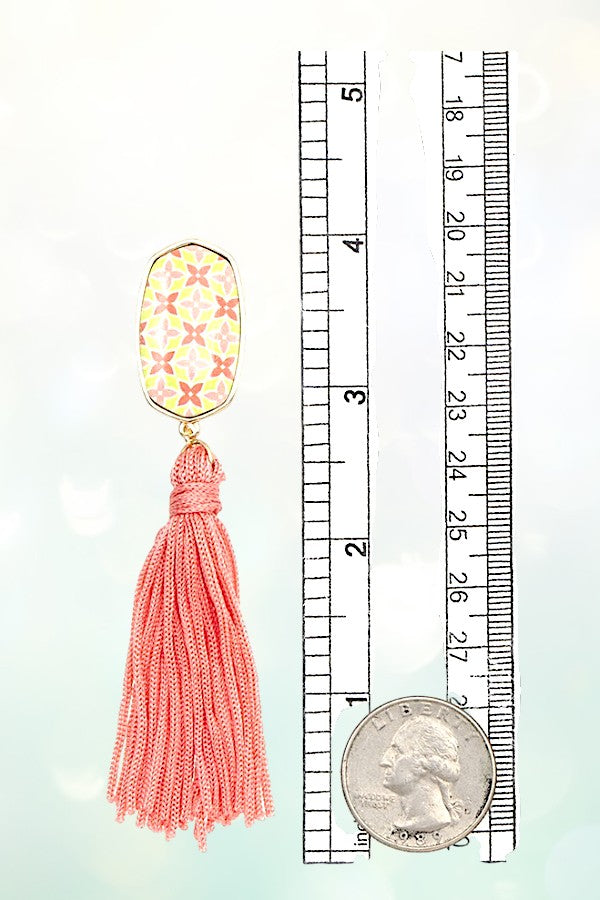 OVAL PRINT TASSEL LINK DROP EARRING