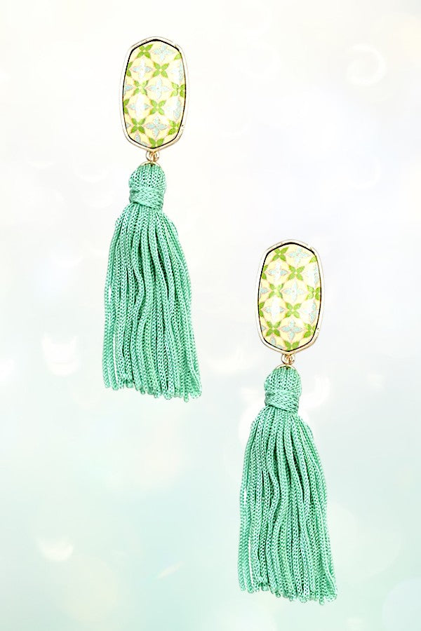 OVAL PRINT TASSEL LINK DROP EARRING