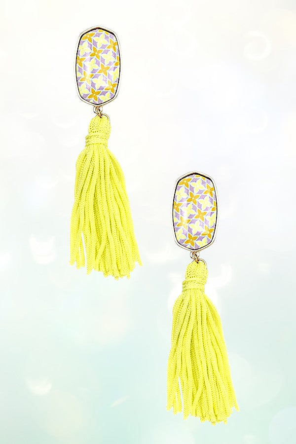 OVAL PRINT TASSEL LINK DROP EARRING