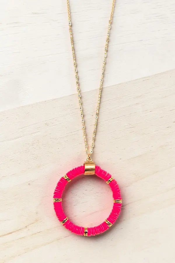 DISC BEAD HOOP PENDANT LONG NECKLACE AND BALL POST EARRING SET AB-SS