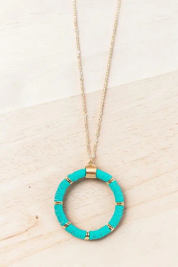 DISC BEAD HOOP PENDANT LONG NECKLACE AND BALL POST EARRING SET AB-SS
