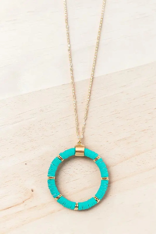 DISC BEAD HOOP PENDANT LONG NECKLACE AND BALL POST EARRING SET AB-SS