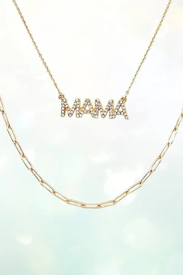 GEM PAVE MAMA PENDANT LAYERED CHAIN NECKLACE AND GEM POST EARRING SET - SweetShine c.o.c. 