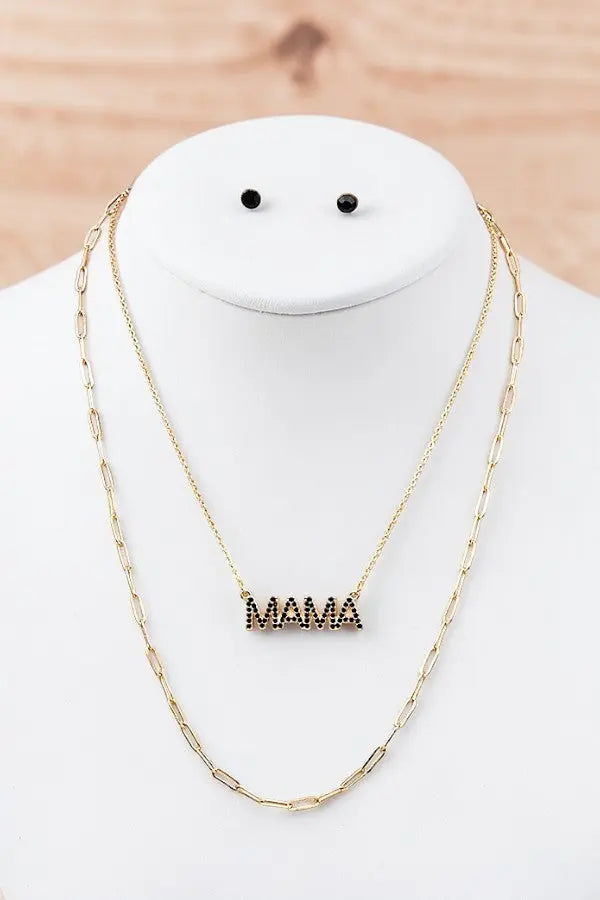 GEM PAVE MAMA PENDANT LAYERED CHAIN NECKLACE AND GEM POST EARRING SET - SweetShine c.o.c. 