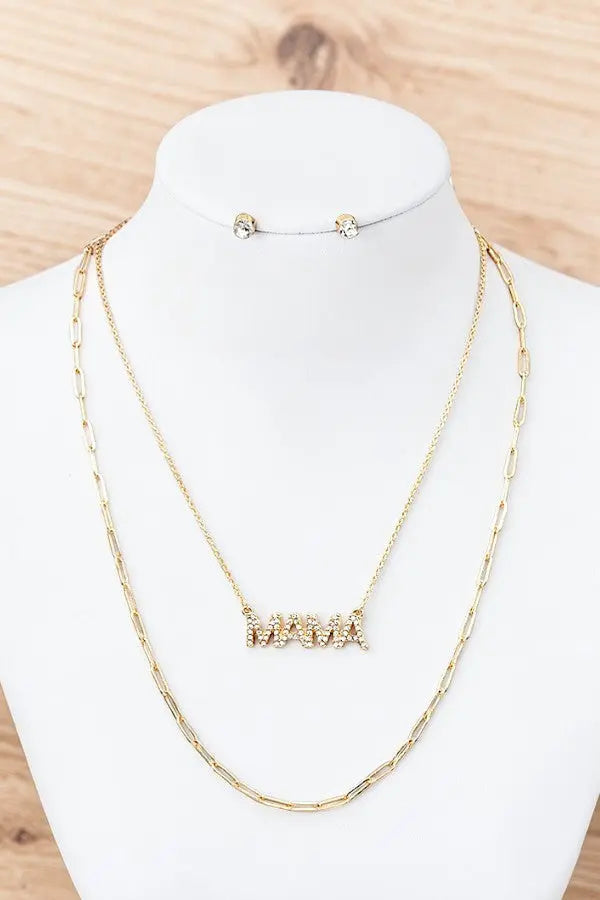 GEM PAVE MAMA PENDANT LAYERED CHAIN NECKLACE AND GEM POST EARRING SET - SweetShine c.o.c. 