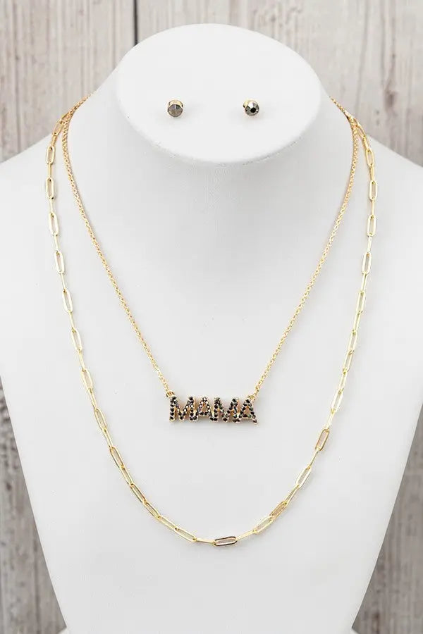 GEM PAVE MAMA PENDANT LAYERED CHAIN NECKLACE AND GEM POST EARRING SET - SweetShine c.o.c. 