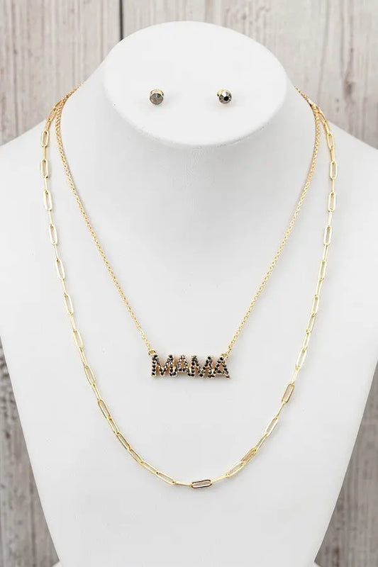 GEM PAVE MAMA PENDANT LAYERED CHAIN NECKLACE AND GEM POST EARRING SET - SweetShine c.o.c. 