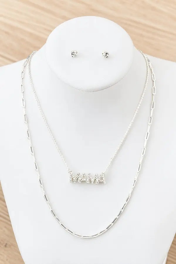 GEM PAVE MAMA PENDANT LAYERED CHAIN NECKLACE AND GEM POST EARRING SET - SweetShine c.o.c. 