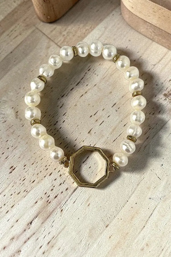 HEXAGON CUT OUT LINK FRESHWATER PEARL STRETCH BRACELET - SweetShine c.o.c. 