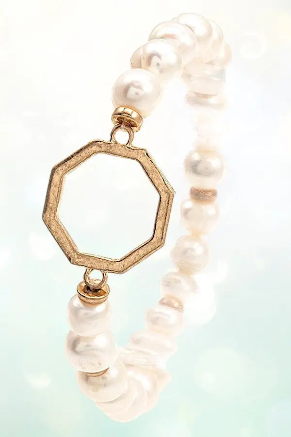 HEXAGON CUT OUT LINK FRESHWATER PEARL STRETCH BRACELET - SweetShine c.o.c. 