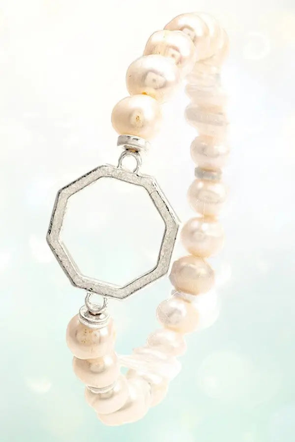HEXAGON CUT OUT LINK FRESHWATER PEARL STRETCH BRACELET - SweetShine c.o.c. 