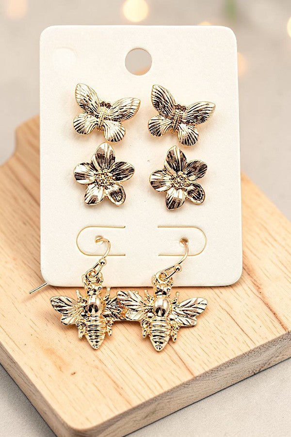 FLORAL BEE BUTTERFLY POST EARRING SET