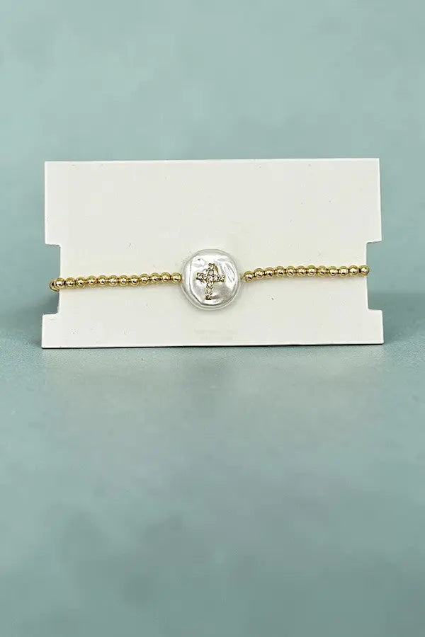 RHINESTONE CROSS PEARL ACCENT GOLD BEAD STRETCH BRACELET - SweetShine c.o.c. 