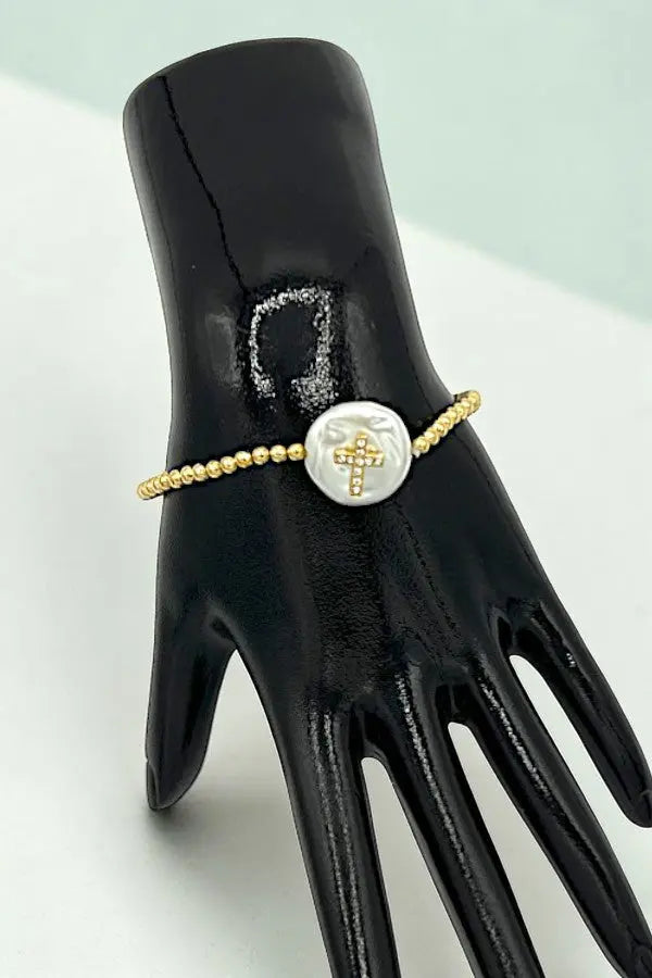 RHINESTONE CROSS PEARL ACCENT GOLD BEAD STRETCH BRACELET - SweetShine c.o.c. 
