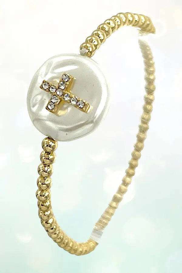 RHINESTONE CROSS PEARL ACCENT GOLD BEAD STRETCH BRACELET - SweetShine c.o.c. 