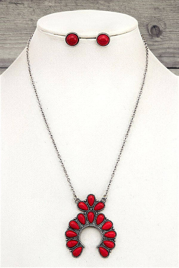 SQUASH BLOSSOM GEMSTONE PENDANT NECKLACE AND ROUND GEM STUD EARRING SET