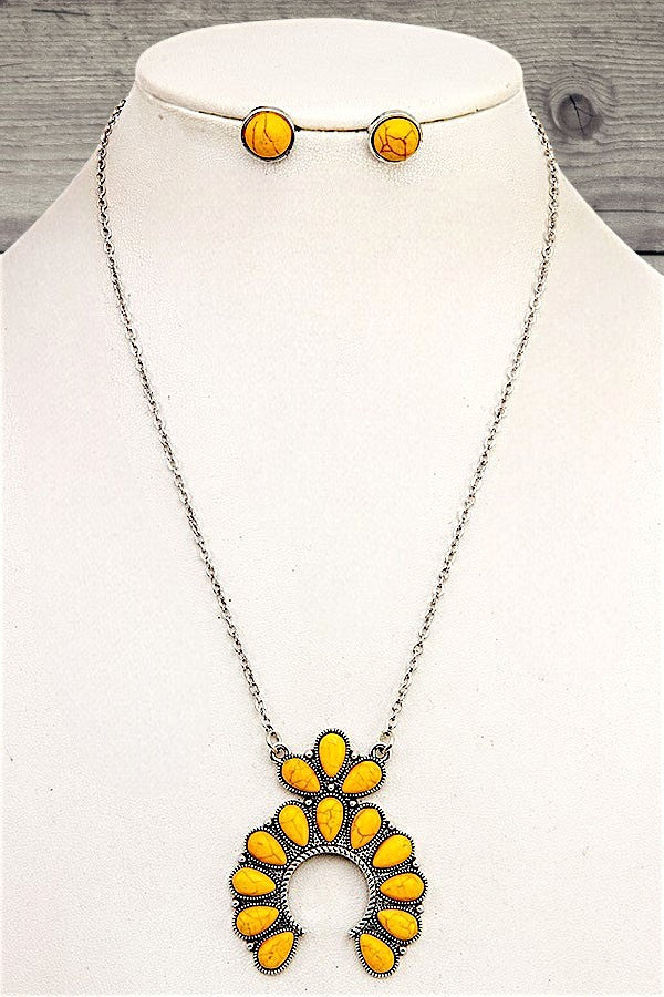 SQUASH BLOSSOM GEMSTONE PENDANT NECKLACE AND ROUND GEM STUD EARRING SET