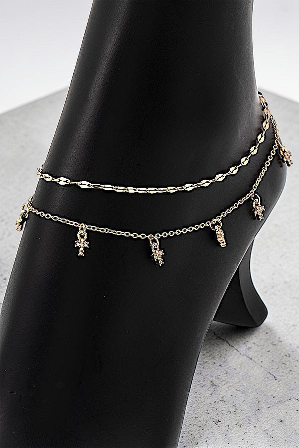 RHINESTONE ACCENT MULTI CROSS DANGLE LAYERED CHAIN ANKLET - SweetShine c.o.c. 