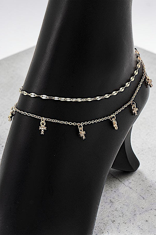 RHINESTONE ACCENT MULTI CROSS DANGLE LAYERED CHAIN ANKLET - SweetShine c.o.c. 