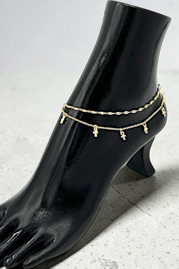 RHINESTONE ACCENT MULTI CROSS DANGLE LAYERED CHAIN ANKLET - SweetShine c.o.c. 
