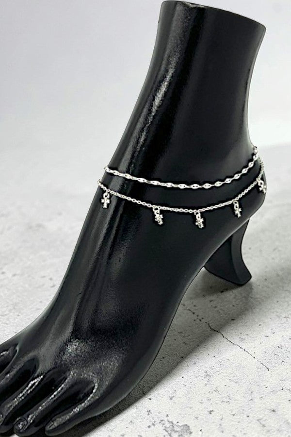RHINESTONE ACCENT MULTI CROSS DANGLE LAYERED CHAIN ANKLET - SweetShine c.o.c. 