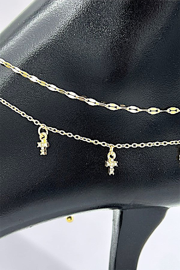 RHINESTONE ACCENT MULTI CROSS DANGLE LAYERED CHAIN ANKLET - SweetShine c.o.c. 