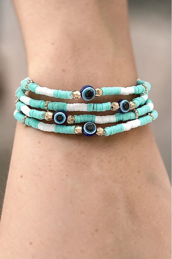 EVIL EYE STATIONED DISK BEAD STRETCH BRACELET SET - SweetShine c.o.c. 