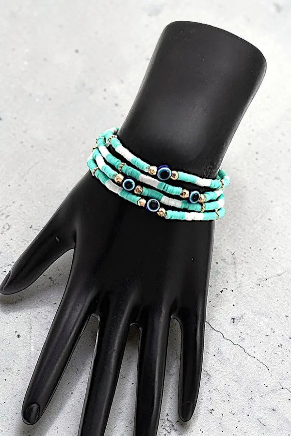 EVIL EYE STATIONED DISK BEAD STRETCH BRACELET SET - SweetShine c.o.c. 