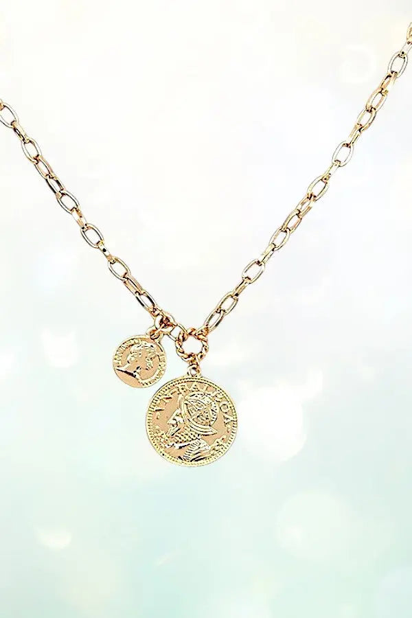 DOUBLE ETCHED COIN PENDANT CHAIN NECKLACE AND BALL POST EARRING SET AB-SS