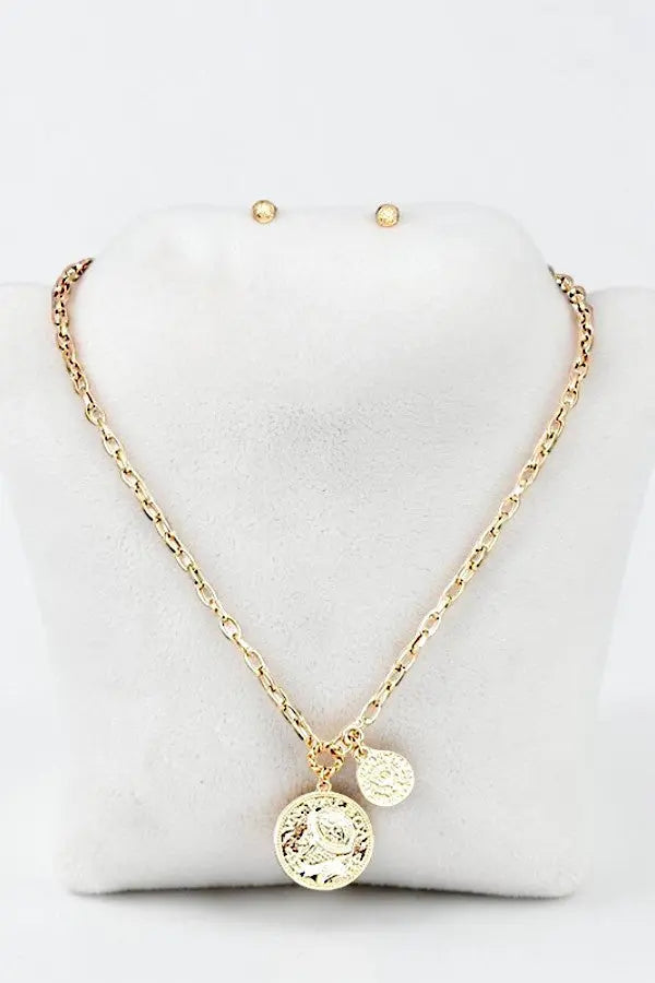 DOUBLE ETCHED COIN PENDANT CHAIN NECKLACE AND BALL POST EARRING SET AB-SS