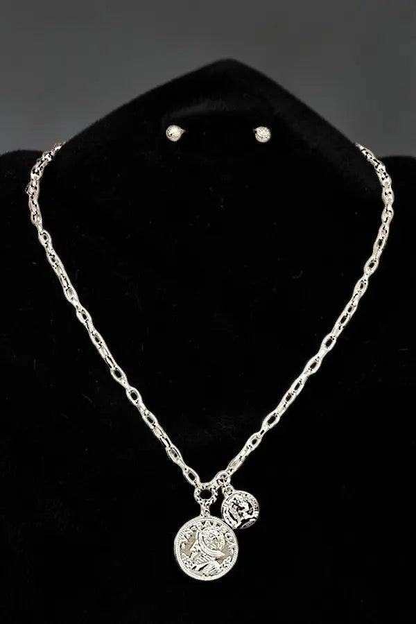 DOUBLE ETCHED COIN PENDANT CHAIN NECKLACE AND BALL POST EARRING SET AB-SS
