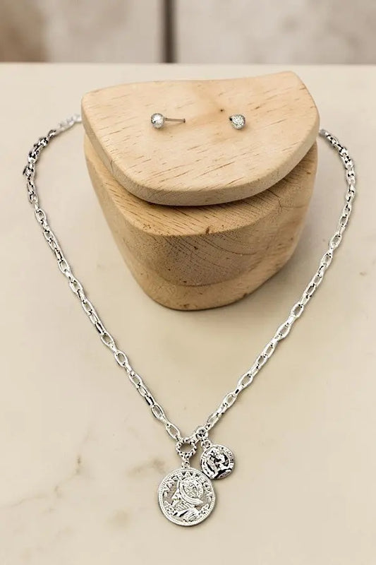 DOUBLE ETCHED COIN PENDANT CHAIN NECKLACE AND BALL POST EARRING SET AB-SS