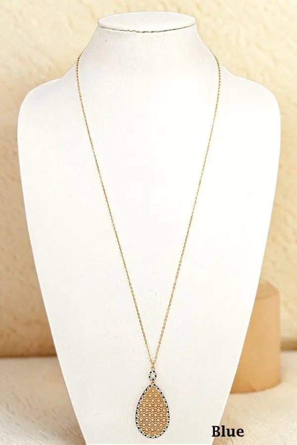 ELOGATED RHINESTONE FRAMED TEARDROP PENDANT NECKLACE - SweetShine c.o.c. 