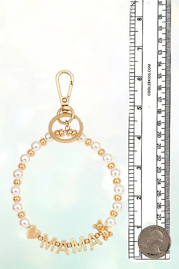 MAMA TEDDY AND HEART ACCENT PEARL BEADED BRACELET KEYCHAIN - SweetShine c.o.c. 