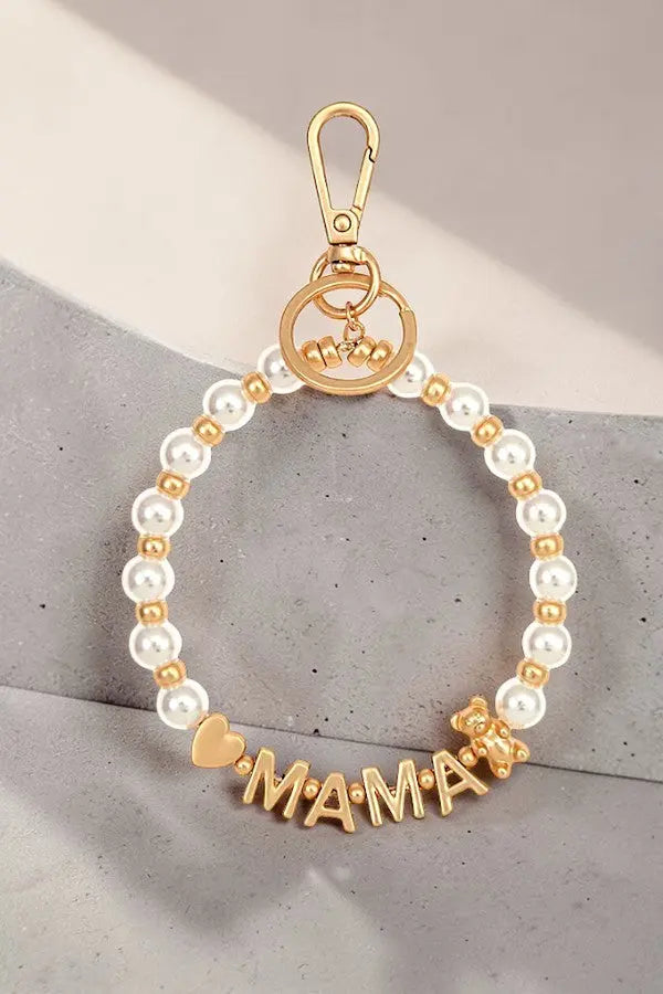 MAMA TEDDY AND HEART ACCENT PEARL BEADED BRACELET KEYCHAIN - SweetShine c.o.c. 