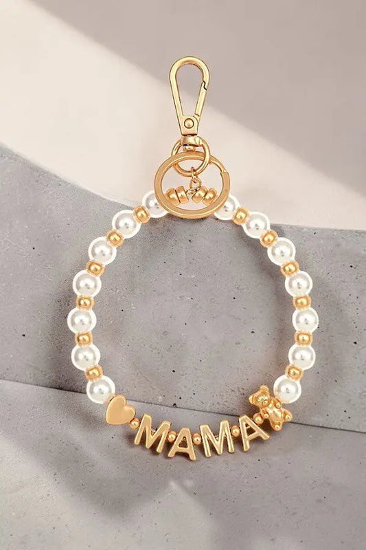 MAMA TEDDY AND HEART ACCENT PEARL BEADED BRACELET KEYCHAIN - SweetShine c.o.c. 