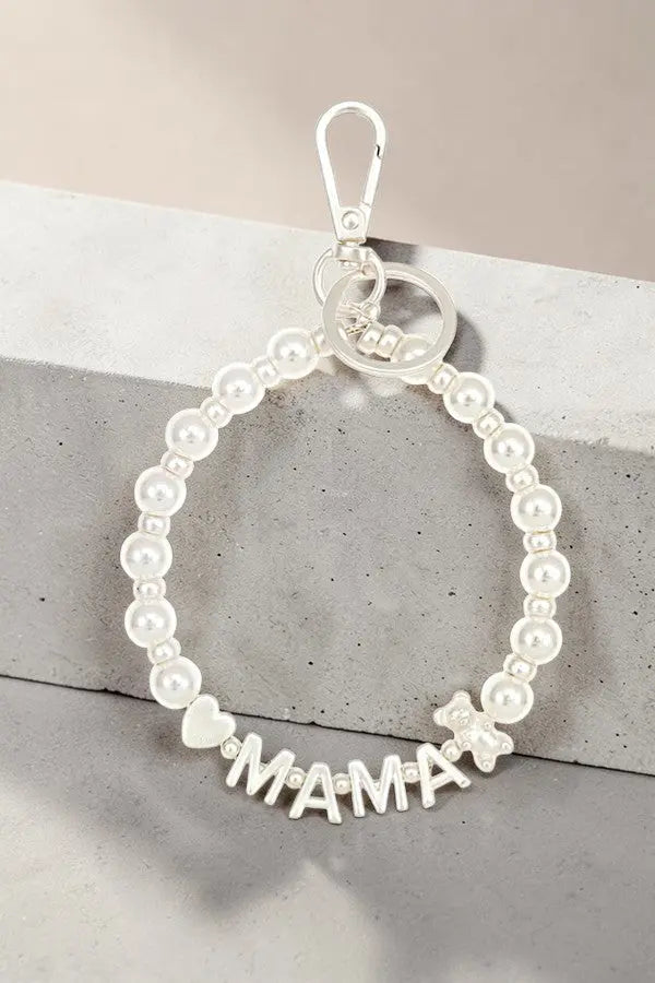 MAMA TEDDY AND HEART ACCENT PEARL BEADED BRACELET KEYCHAIN - SweetShine c.o.c. 