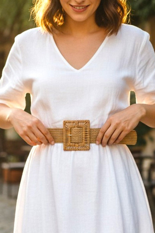 RATTAN SQUARE WOVEN BUCKLE WOVEN CHIC SUMMER STYLE FASHION BELT
