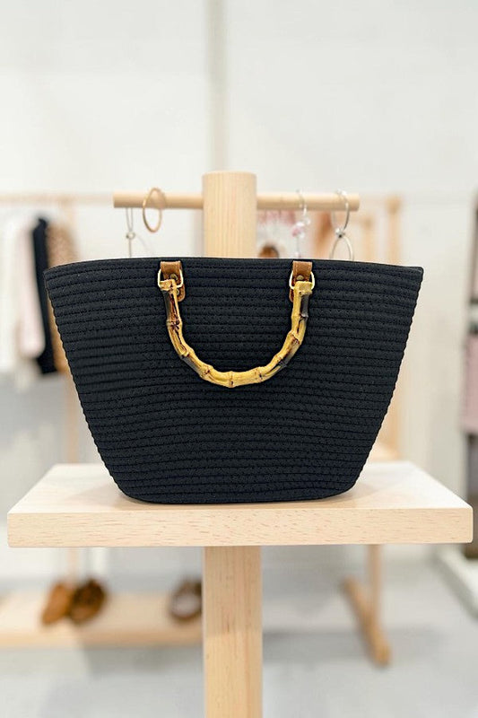BAMBOO HANDLE SOLID WOVEN FASHION TOTE BAG AB-SS