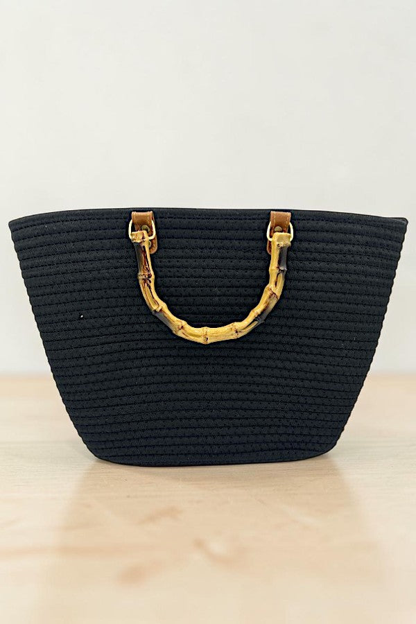 BAMBOO HANDLE SOLID WOVEN FASHION TOTE BAG AB-SS