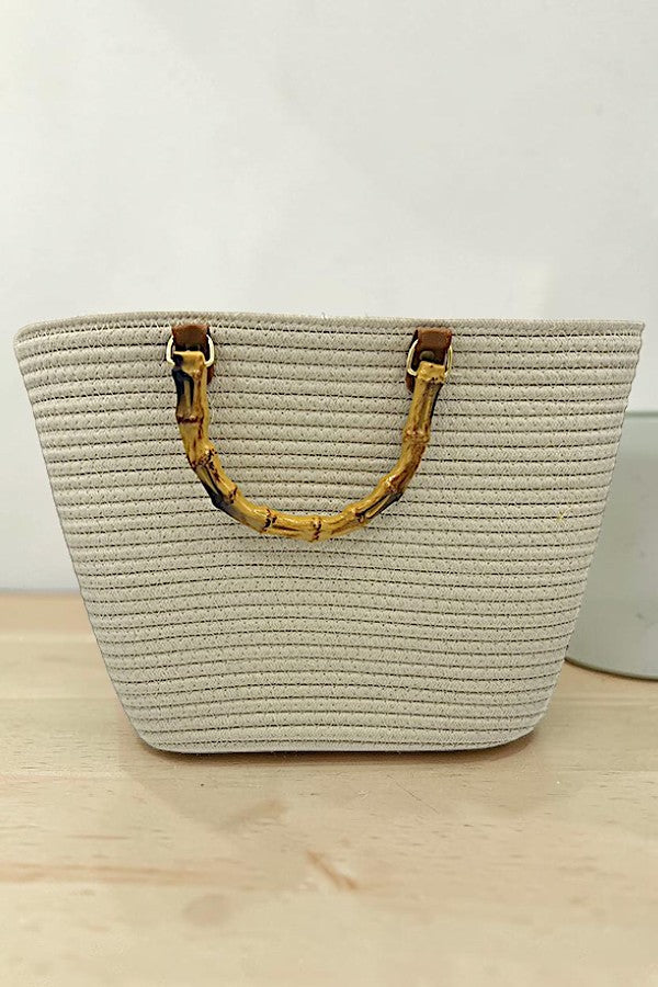 BAMBOO HANDLE SOLID WOVEN FASHION TOTE BAG AB-SS