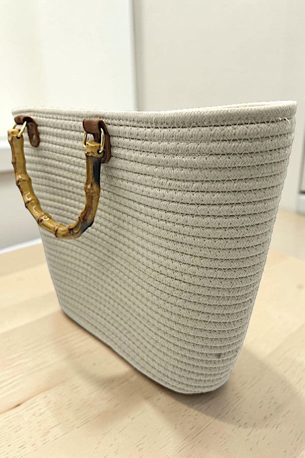 BAMBOO HANDLE SOLID WOVEN FASHION TOTE BAG AB-SS